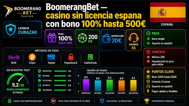 BoomerangBet — casino sin licencia espana con bono 100% hasta 500€